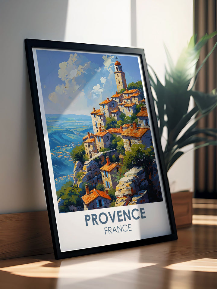 Capture the captivating scenery of Gordes with this art print, illustrating the harmonious blend of stone buildings and lush Provencal landscape.
