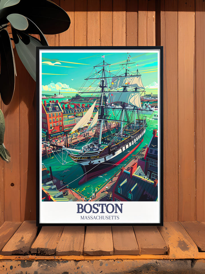 Boston Travel Print offers a detailed view of the USS Constitution alongside Boston Harbors picturesque waterfront. This wall art brings together the majesty of Old Ironsides and the citys dynamic harbor, making it a perfect gift for those who love Bostons maritime heritage.