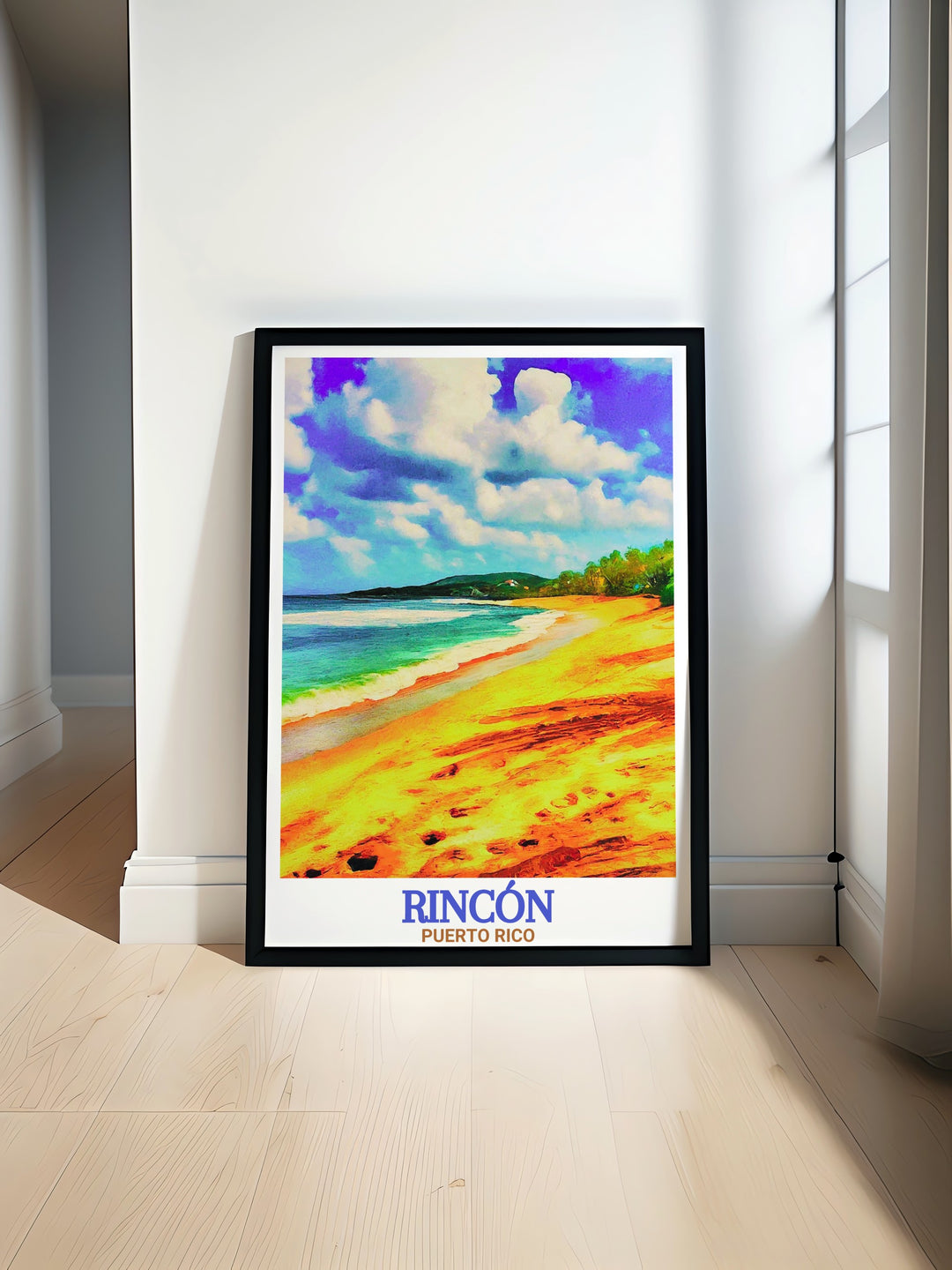 A calming travel print of Sandy Beach at Rincón Beach in California. This poster brings the soft hues and peaceful beauty of the coastline into your home, making it a perfect gift for anyone who loves Californias beaches.