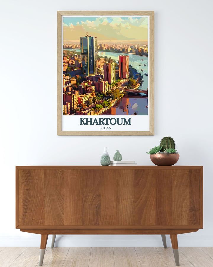 Framed prints of Khartoum city center NTC tower and Nile River adding a modern touch to your living room