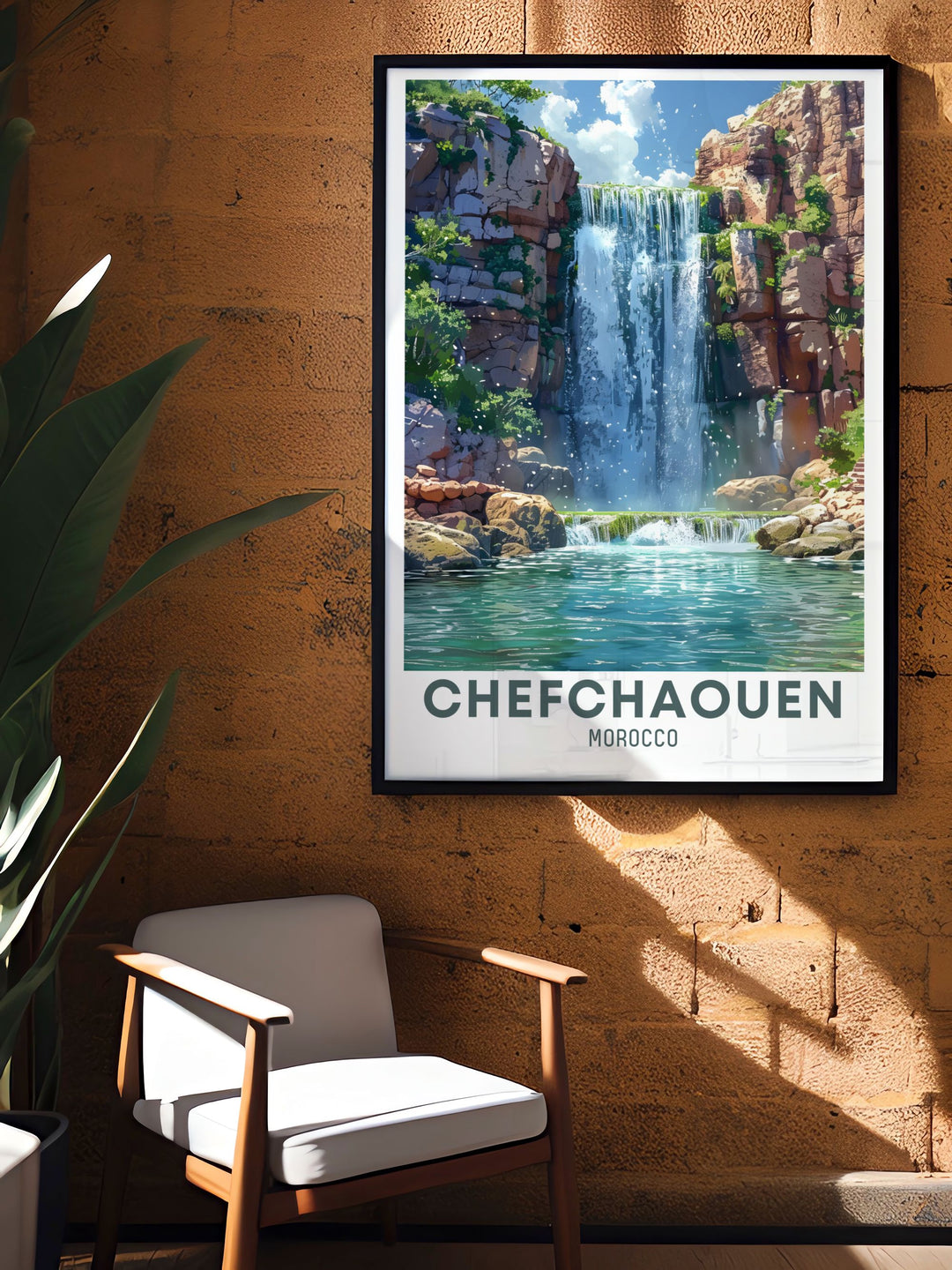 Capture the essence of Chefchaouen with this stunning wall art print, featuring the towns blue washed streets and vibrant atmosphere. The picturesque Blue City of Chefchaouen is beautifully illustrated in this travel poster, ideal for enhancing any room with Moroccan charm.