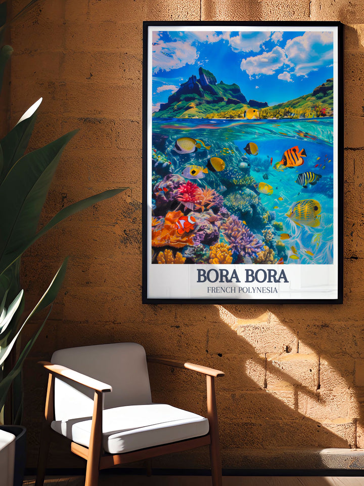 Travel print of Bora Bora Lagoon Coral Gardens showcasing the picturesque scenery and vibrant coral gardens of French Polynesia perfect for art and collectibles this Bora Bora poster captures the tranquil beauty of the island making it a cherished addition to any art collection.
