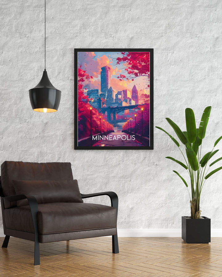 Highlighting the serene beauty of the Mississippi Riverfront, this poster features the historic Stone Arch Bridge and lush green spaces, ideal for those who love scenic river views.