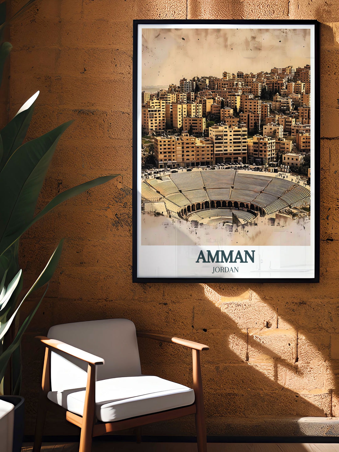Elegant Amman Poster Print highlighting the Roman Ampitheater and Jabal Al Jofeh a perfect addition to your travel poster collection and a great choice for birthday or anniversary gifts