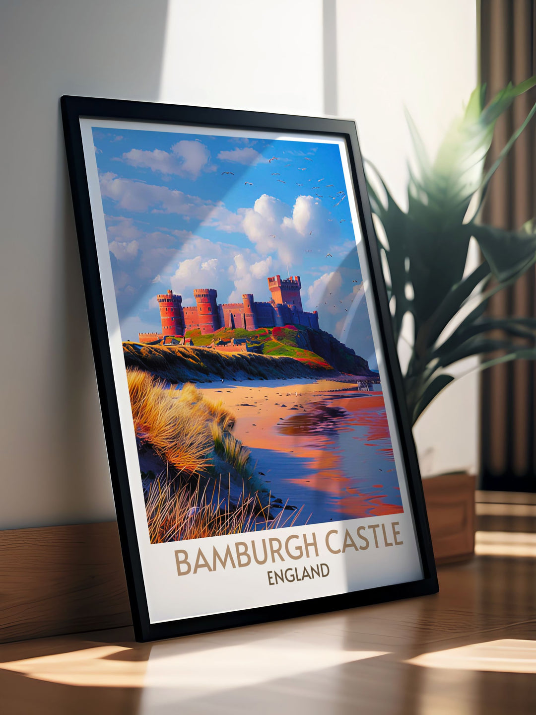 Seaside print of Bamburgh Castle capturing the essence of the English coast, with detailed artistic representation on long lasting paper.
