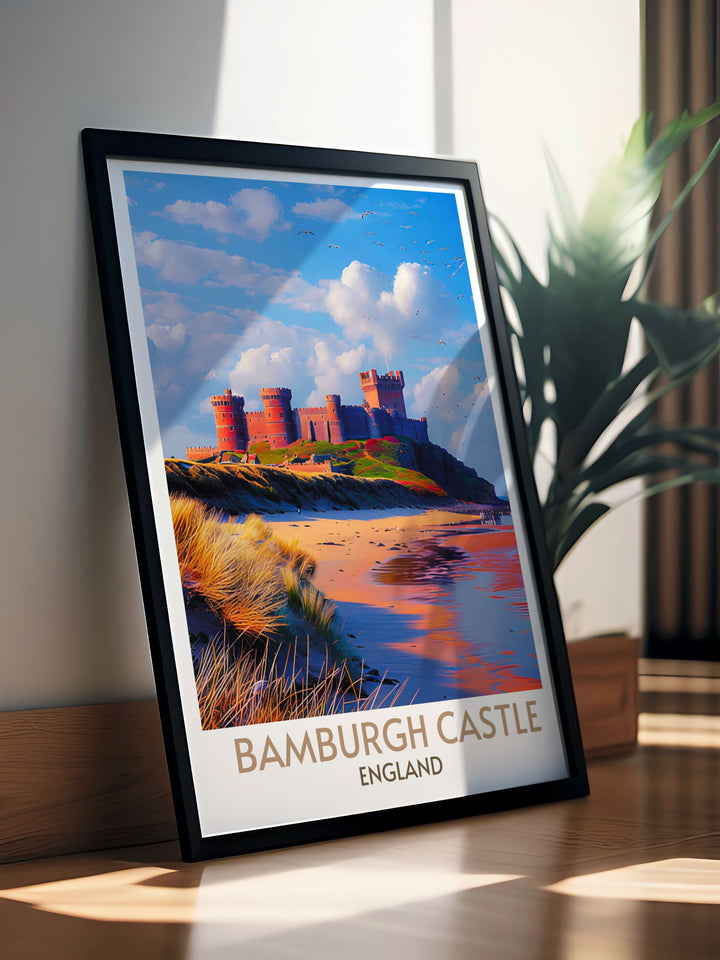 Seaside print of Bamburgh Castle capturing the essence of the English coast, with detailed artistic representation on long lasting paper.