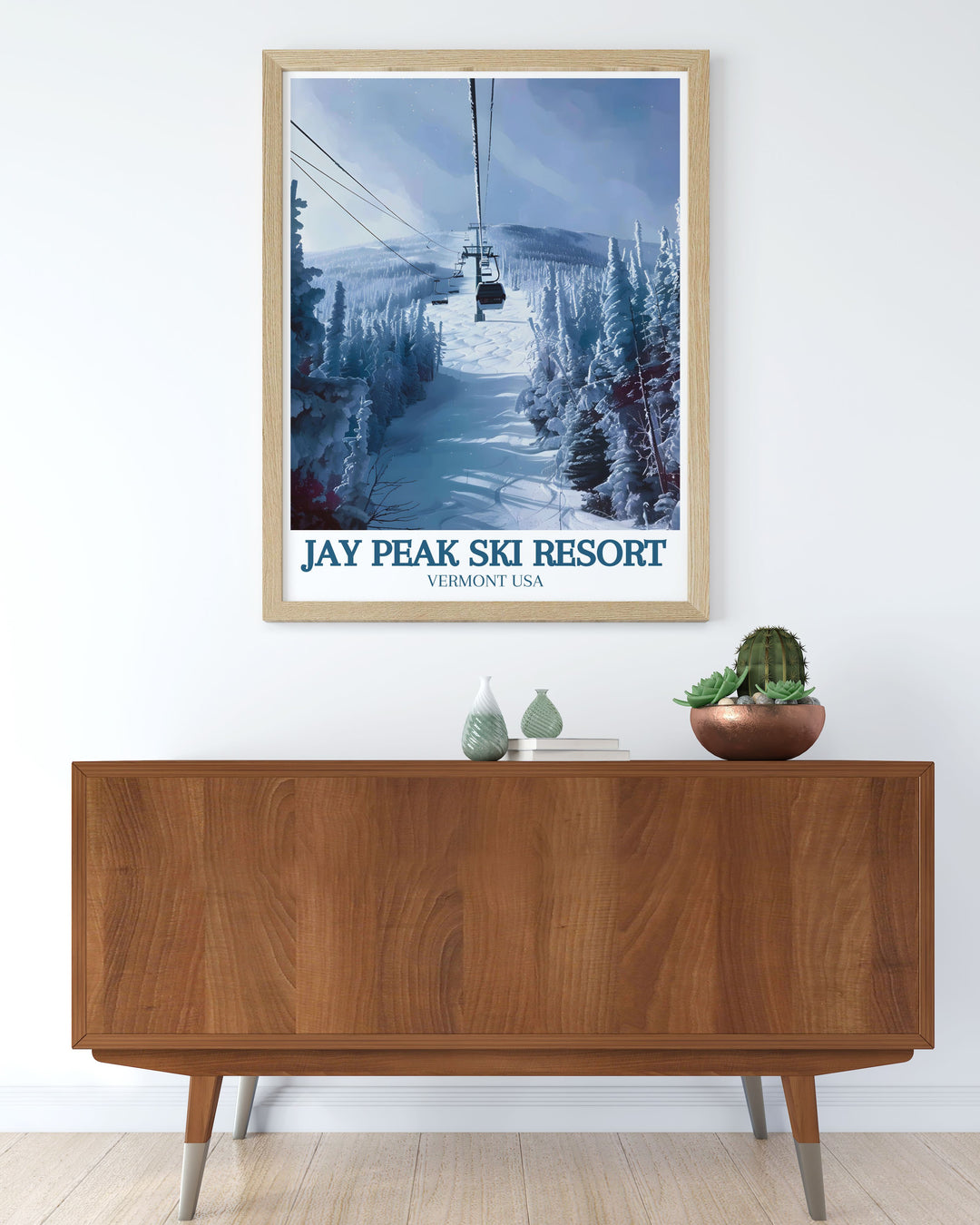 This Jay Peak Ski Resort poster print beautifully captures the snowy slopes of Vermonts famous resort, perfect for ski enthusiasts and mountain lovers alike. Featuring the Vermont mountains and Burke Mountain, this travel print brings the beauty of New England into your home.