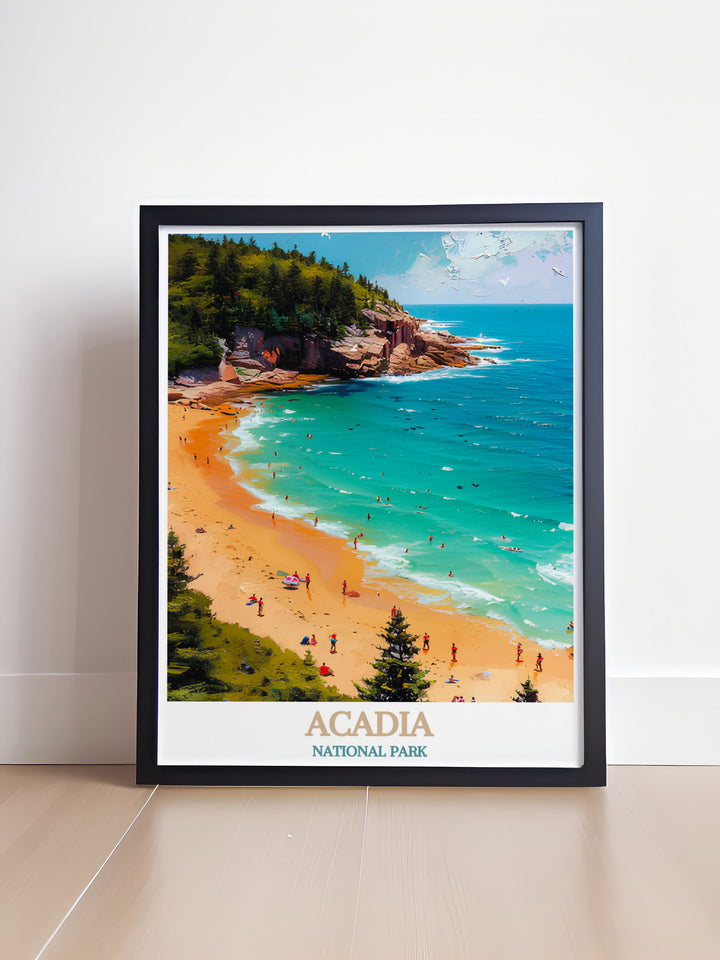 Beautiful retro travel print featuring Sand Beach in Acadia National Park perfect for creating a peaceful atmosphere in any room vintage design capturing the essence of one of the most beloved US national parks ideal for home or office decor.