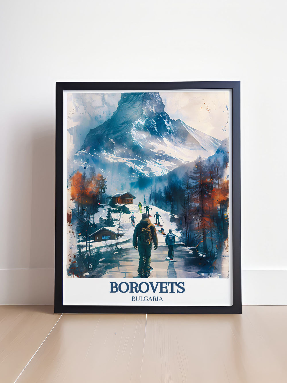 Unique artwork of Borovets featuring its lively resort area and the serene landscapes of the Musala Pathway, perfect for personalized gifts or home decor. This print captures the essence of Bulgarias alpine charm.