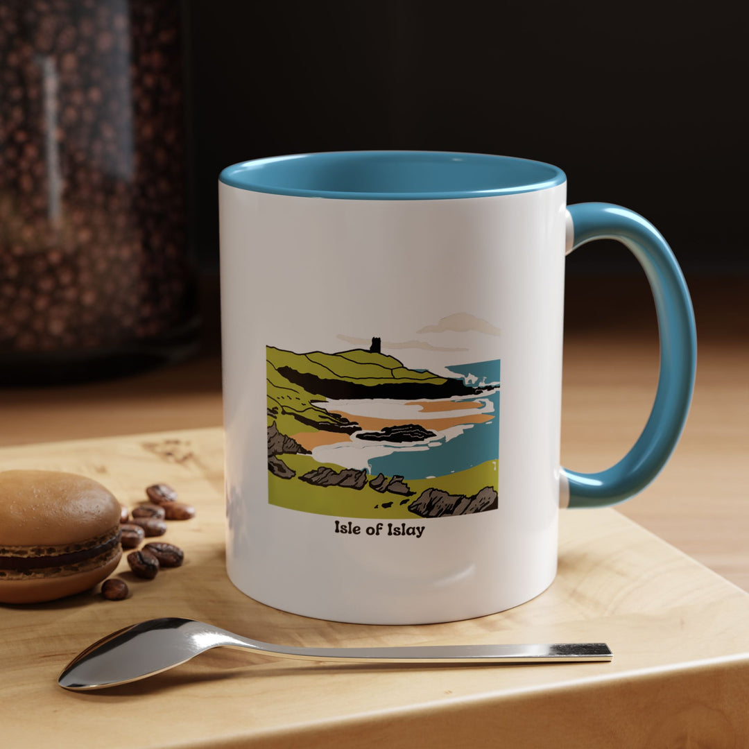 This Isle of Islay mug features vibrant artwork of the scenic island. Ideal for travel enthusiasts, it is made from durable ceramic and is both microwave-safe and dishwasher-safe, perfect for everyday use or as a keepsake.