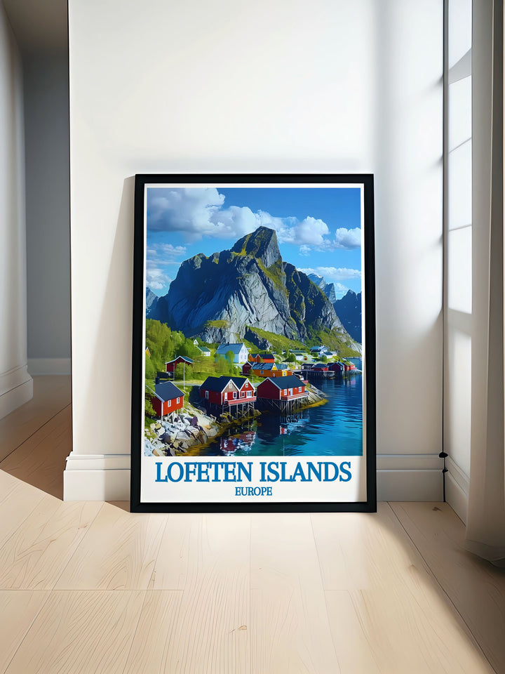 Vintage poster of the Lofoten Islands, Norway, capturing the classic charm of the fishing village of Hamnøy. The artwork features the iconic red cabins, the dramatic mountains, and the calm fjord, evoking the timeless appeal of Norways coastal heritage. The detailed illustration and vibrant colors make this vintage poster a perfect addition to any art collection.
