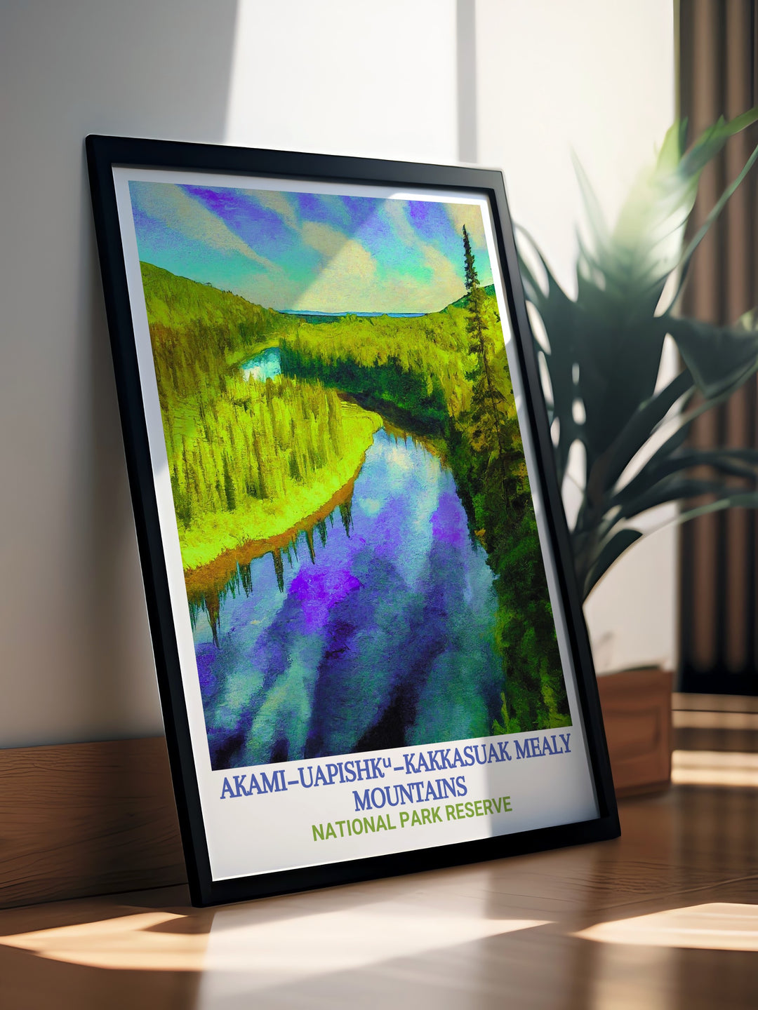 This travel poster captures the vast beauty of Akami−Uapishkᵘ−KakKasuak Mealy Mountains National Park Reserve. With its rugged peaks and untouched wilderness, it is a perfect choice for those who love to bring nature into their home decor.