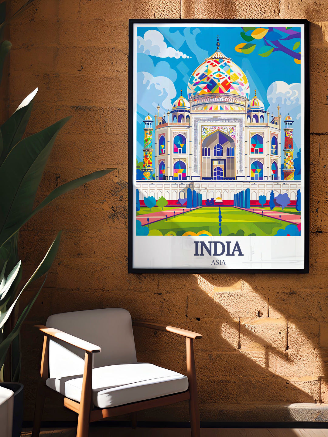 Taj Mahal travel print that showcases the exquisite design of one of the worlds most famous landmarks. Perfect for home decor or as a thoughtful gift, this artwork highlights the cultural and historical significance of Agra, India.