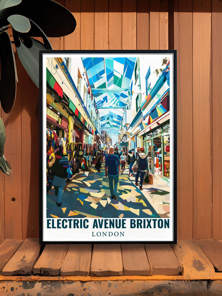Brixtons vibrant market culture is depicted in this poster, celebrating the rich diversity and energetic atmosphere of Electric Avenue and Brixton Market.