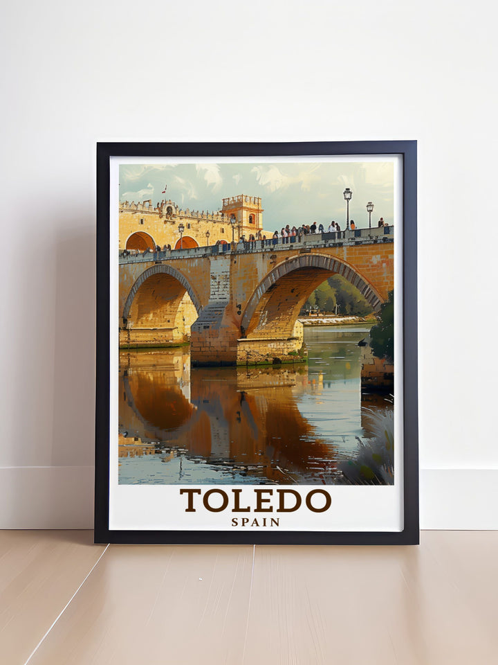 Captivating Spain Travel Poster of the Puente de San Martín ideal for decorating your home or office with a touch of Spanish elegance and cultural significance