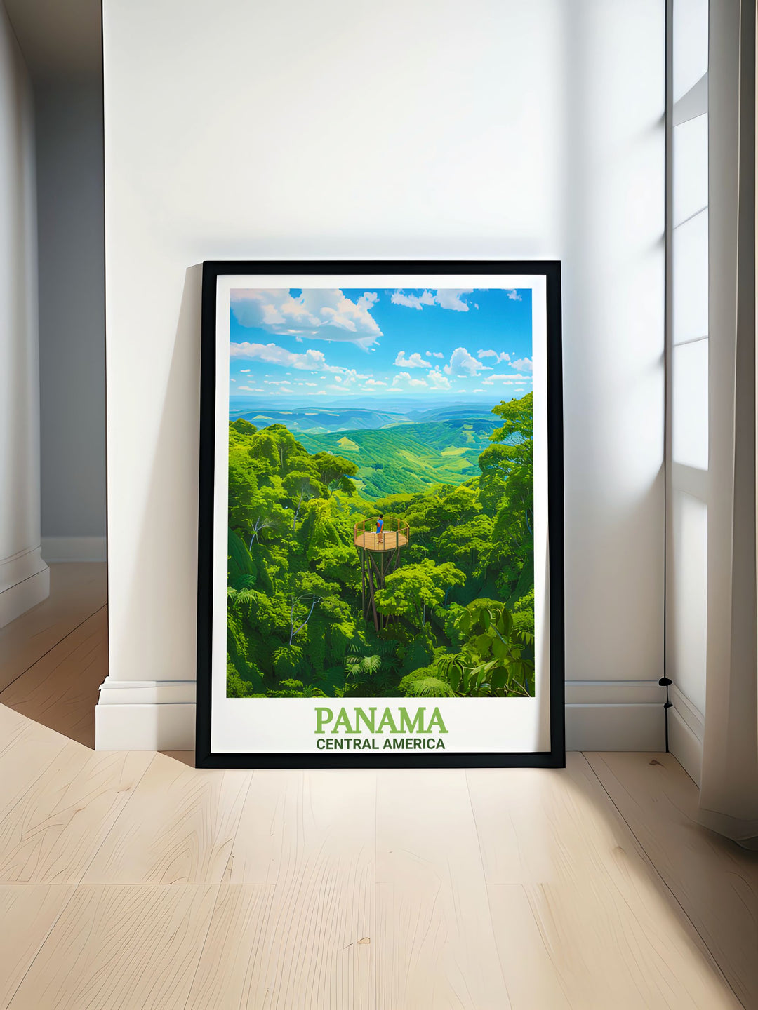 Panama Travel Poster showcasing both the peaceful sands of Panama City Beach and the rich biodiversity of Soberanía National Park. This framed art is perfect for anyone who loves to explore the natural beauty of Central America, offering a vibrant addition to your home.