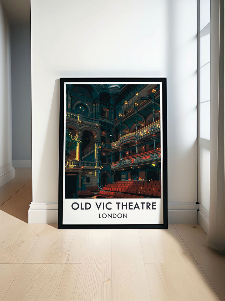 Step into the elegance of The Old Vic Theatres main auditorium with this stunning travel print. The retro art deco design highlights the charm and history of Londons National Theatre district, making it the perfect piece for home or office décor and a unique gift idea.