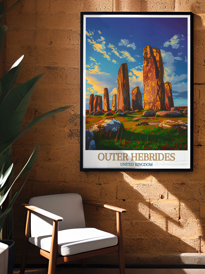 North Uist print with Callanish Standing Stones artwork showcasing the rich cultural heritage and natural wonders of the Scottish islands perfect for travel art lovers