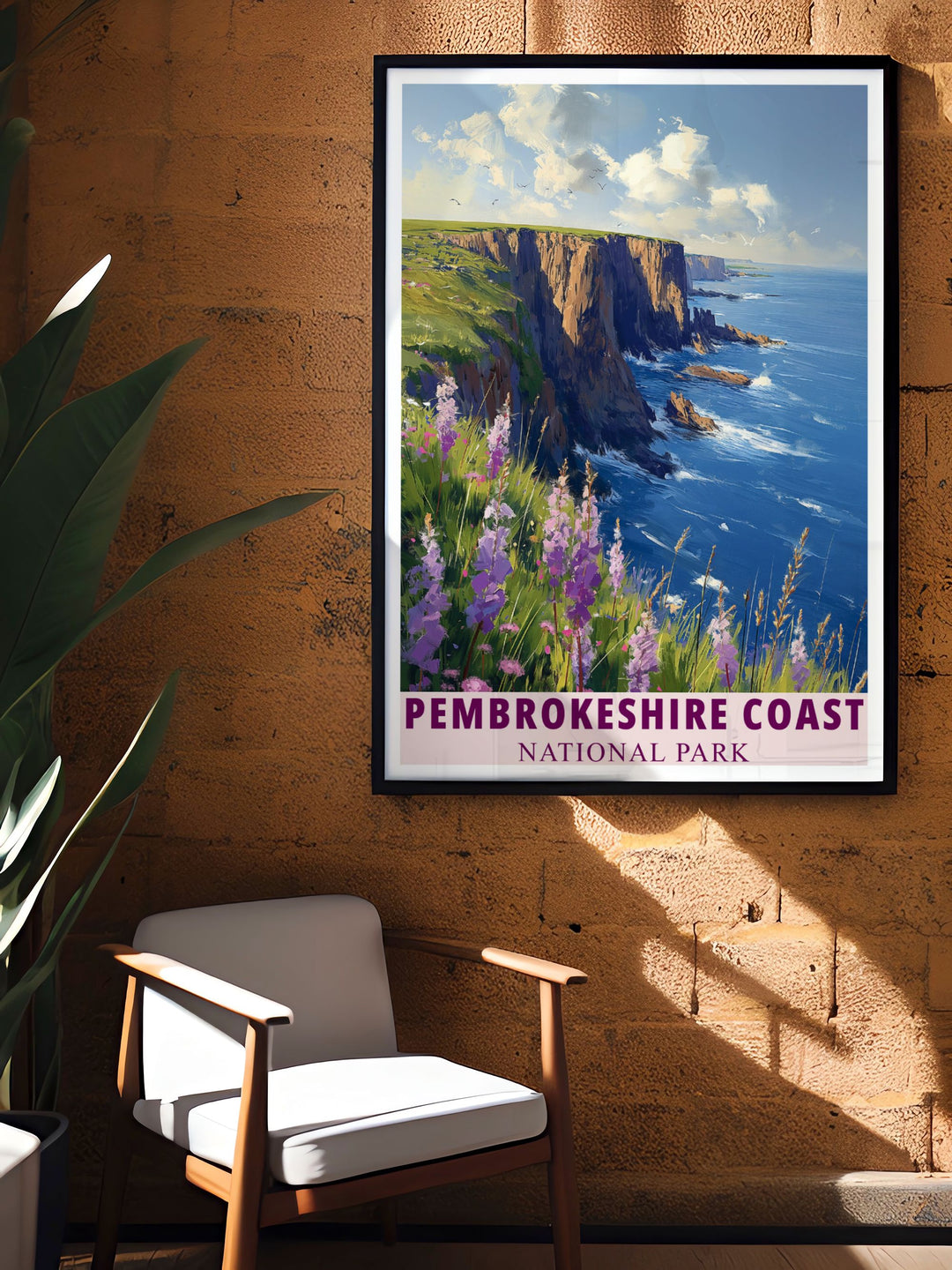 Art Deco print of coastal cliffs in Pembrokeshire Wales showcasing the breathtaking beauty of the Welsh coastline perfect for collectors of vintage travel posters and lovers of UK national parks providing a timeless and elegant wall art piece.