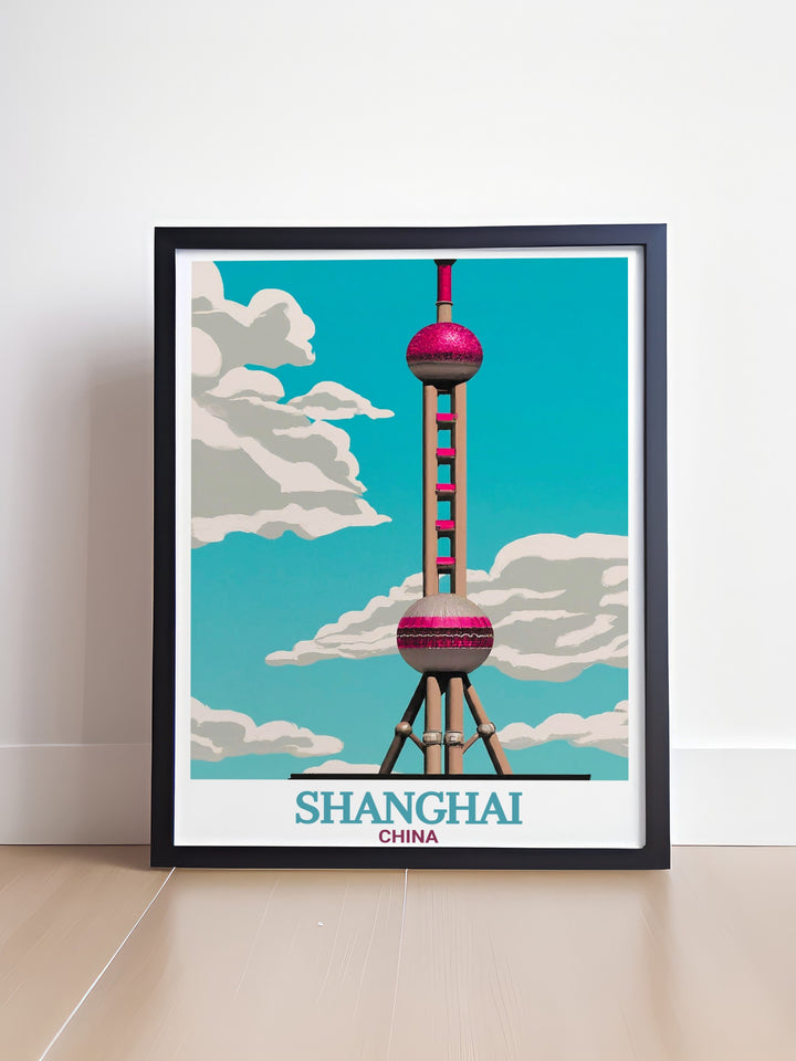 This vintage style Shanghai print showcases the Oriental Pearl Tower in its full glory. Perfect for adding a touch of international sophistication to any space, this artwork celebrates the modern skyline of one of Chinas most famous cities.