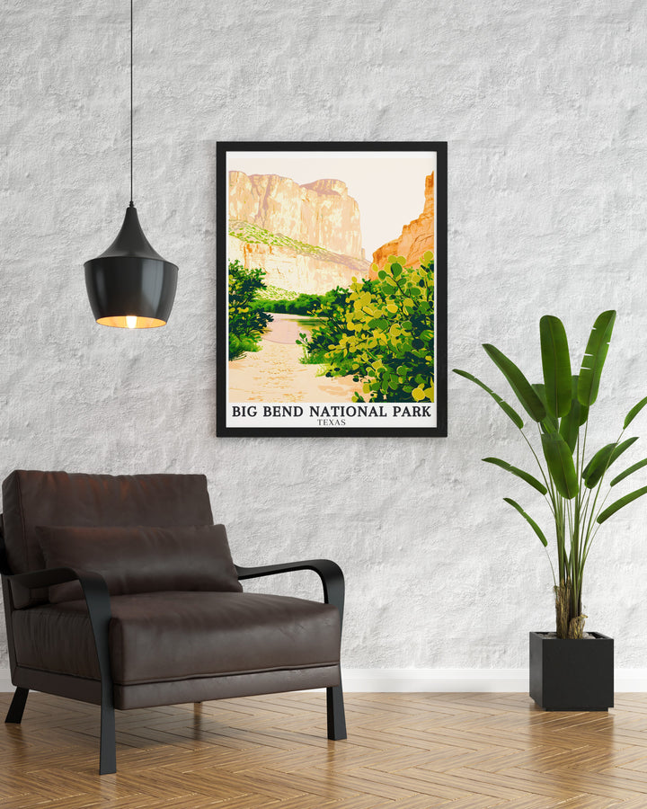 Big Bend Texas USA poster showcases the Rio Grande River South Rim cliffs and Chihuahuan Desert making it a stunning piece of modern art that adds a touch of adventure and nostalgia to any living room office or bedroom space