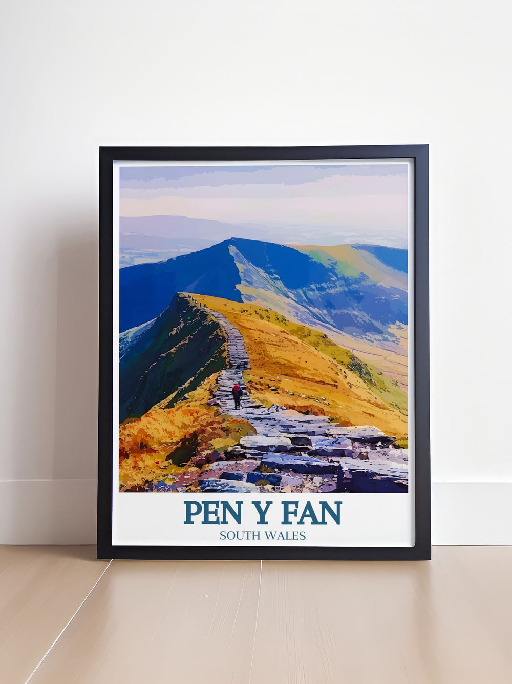 Stunning Brecon Beacons Travel Poster showcasing the iconic Pen Y Fan Mountain. This South Wales art print is ideal for those who appreciate natural landscapes and want to add a touch of Welsh charm to their walls.