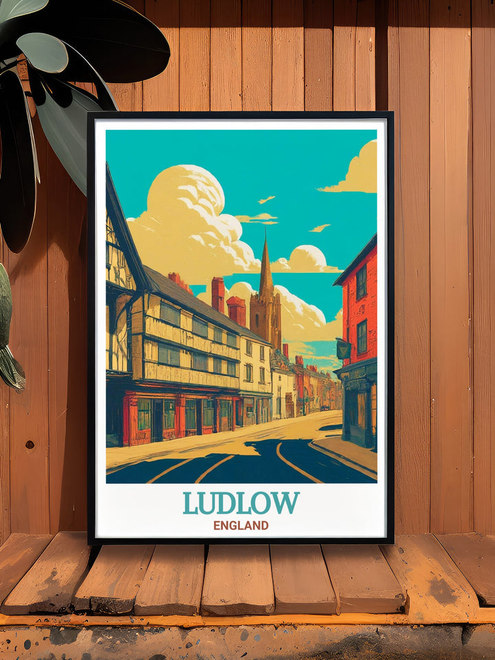 This Ludlow art print of Broad Street captures the classic architecture of this famous English town. Its an ideal gift for those who love Englands history or architecture, blending seamlessly with any home decor.