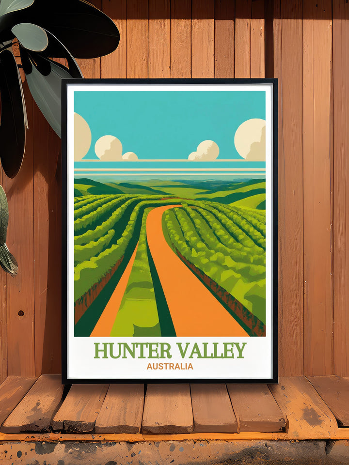 Elegant Hunter Valley art featuring the famous Brokenwood Wines vineyards in Australia perfect for adding a refined and sophisticated touch to your living room decor a great Australia souvenir or gift for wine lovers.