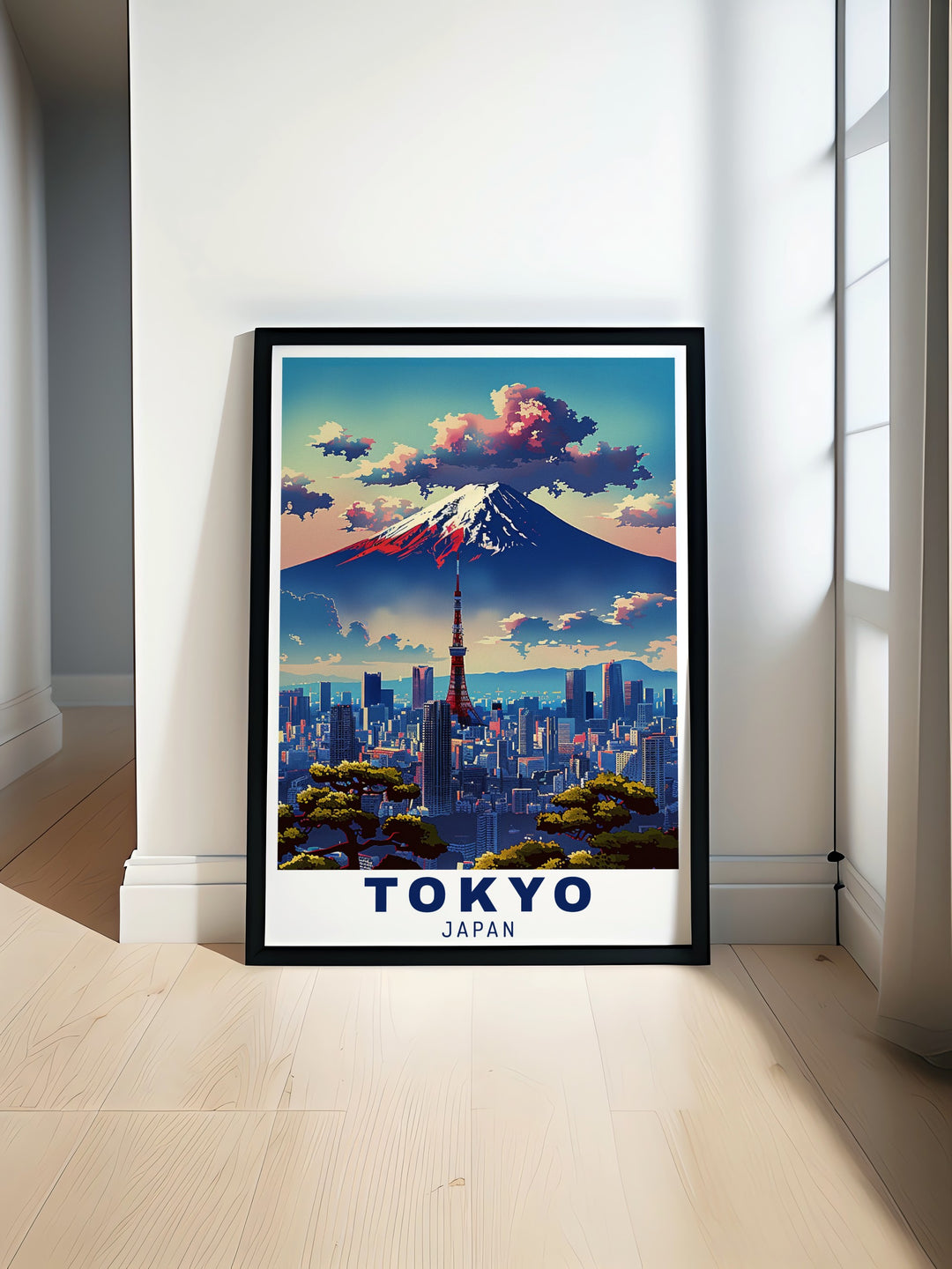 Featuring the magnificent Mount Fuji and the tranquil beauty of Japans cherry blossoms, this travel poster is an excellent representation of Japanese culture. Ideal for lovers of Japanese art, this framed print also includes the vibrant Tokyo skyline in the distance.