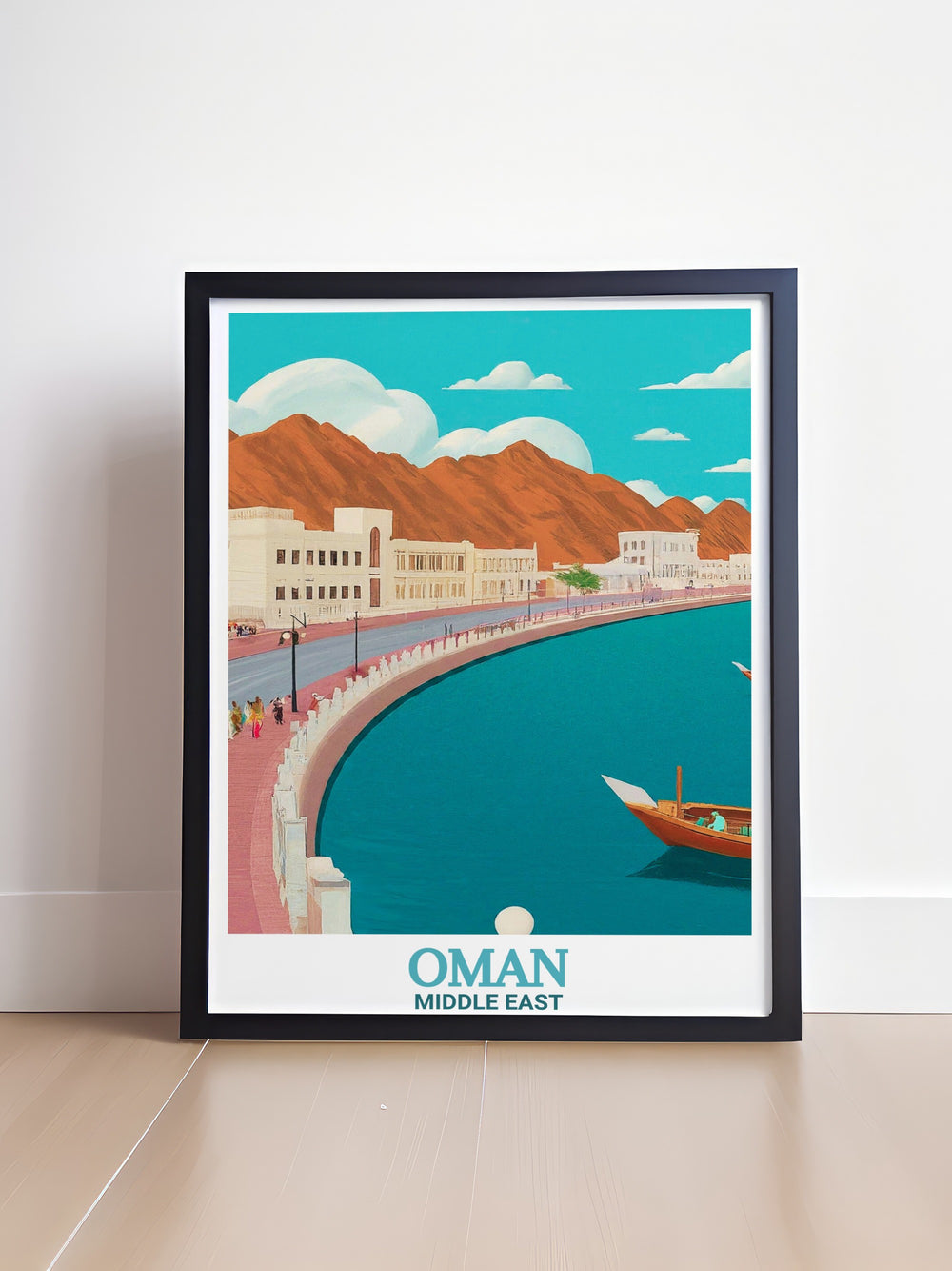 This stunning poster print captures the essence of Omans Mutrah Corniche, blending traditional Omani architecture with the serene coastal views. Perfect for travel enthusiasts and lovers of Middle Eastern culture.