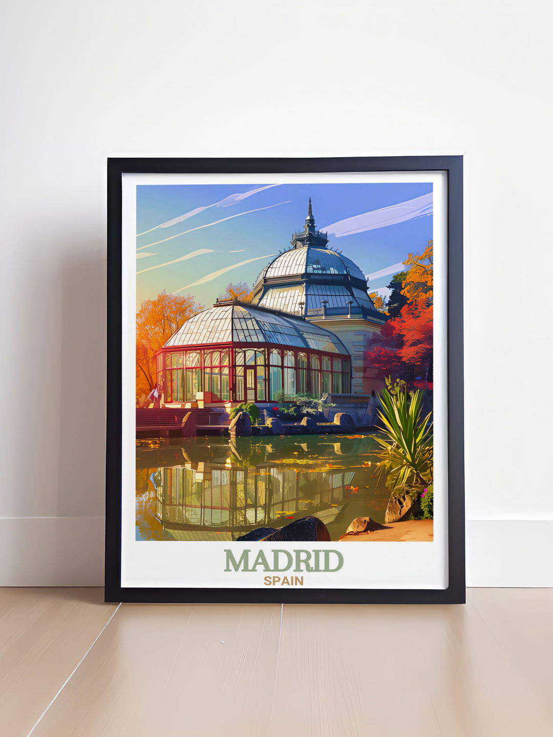 Transform your living space with this Retiro Park Framed Print. Featuring a minimalistic design it highlights the tranquility of Madrids famous park. Ideal for those who appreciate elegant Spanish wall art and modern home decor.