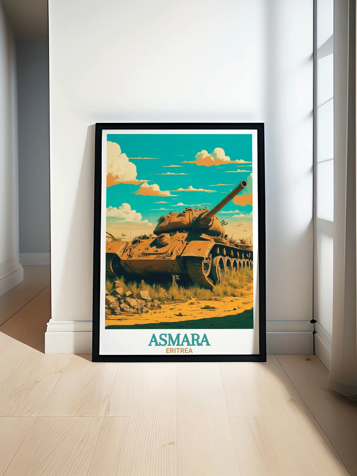 Vibrant Asmara skyline travel poster featuring historic Tank Graveyard, ideal for adding a touch of history to home or office decor.