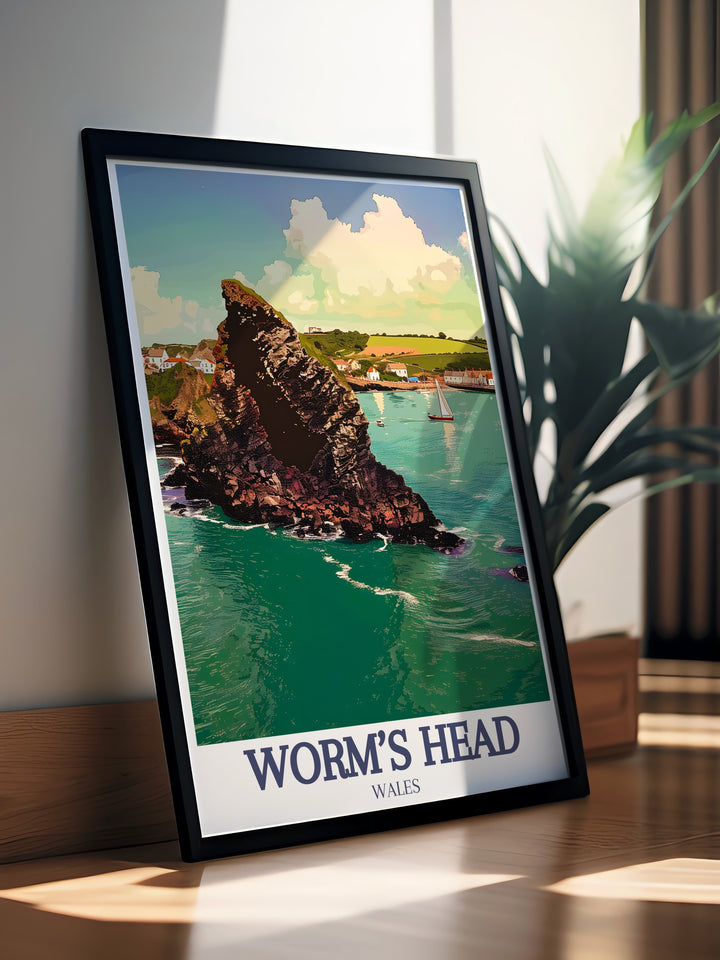 Worms Head Travel Print showcases the serene beauty of the Welsh coastline, with Worms Head, Rhossili Bay, and Southgate combining to offer a breathtaking view. This wall art is ideal for anyone who loves coastal landscapes and makes a thoughtful travel gift.