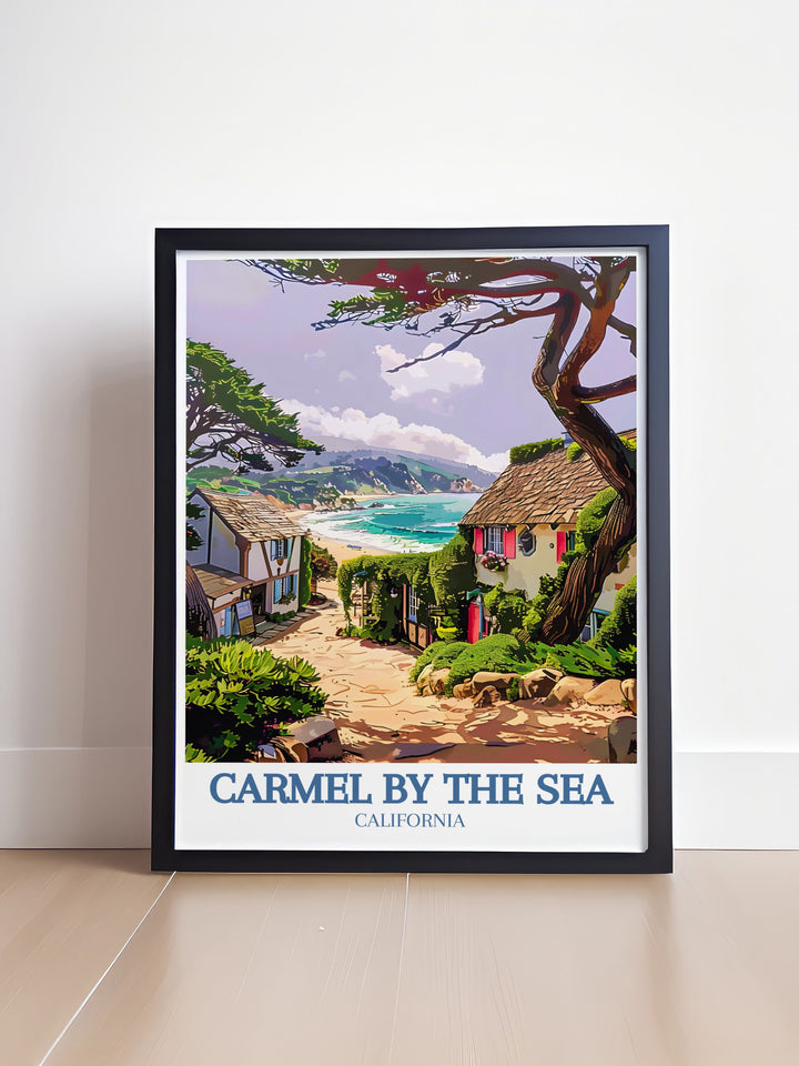 Highlighting the natural splendor of Carmel Beach, this travel poster captures the serene coastline and refreshing ocean breeze. Perfect for those who appreciate the calming effect of the beach, this print adds a touch of coastal tranquility to any room.