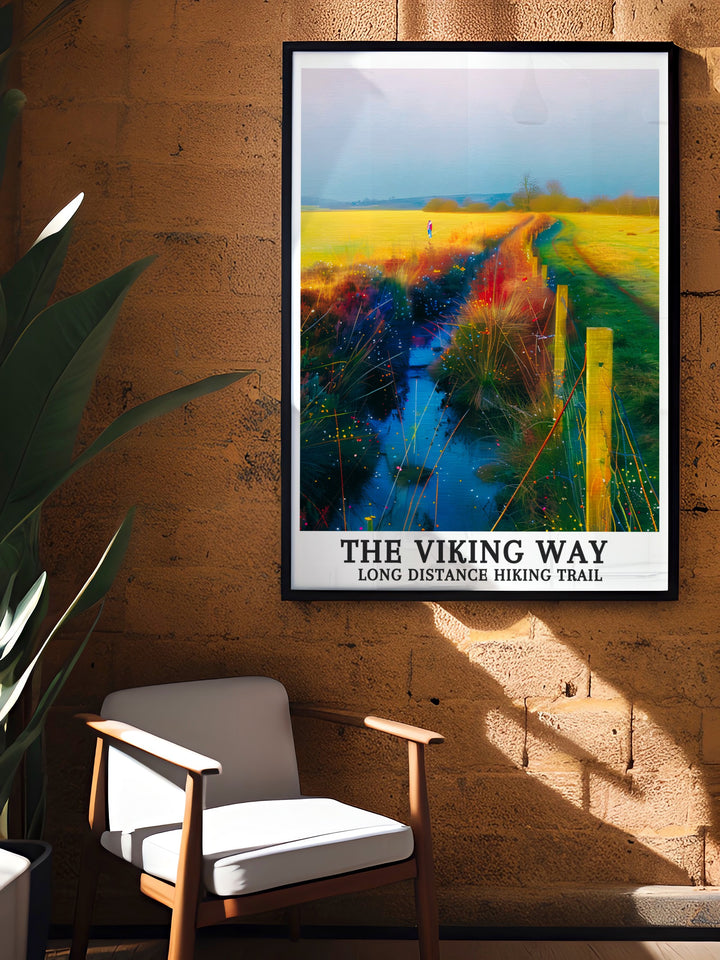 The Viking Way Long Distance Hiking Trail travel poster featuring scenic views of South of Tealby in Lincolnshire. This vibrant art print captures the essence of the trail, making it a perfect addition to any home decor. Ideal for hiking enthusiasts and nature lovers who appreciate detailed travel art.