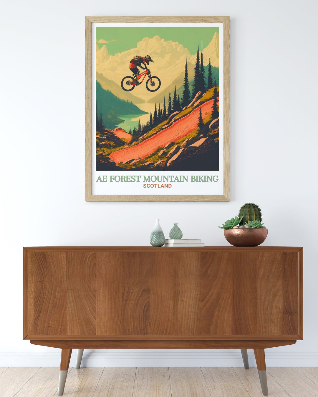 Capture the essence of Scotlands Ae Forest Mountain Bike Trails with this vibrant travel poster. The artwork beautifully illustrates the Talking Head Stane and rugged MTB paths, perfect for any cycling enthusiast.