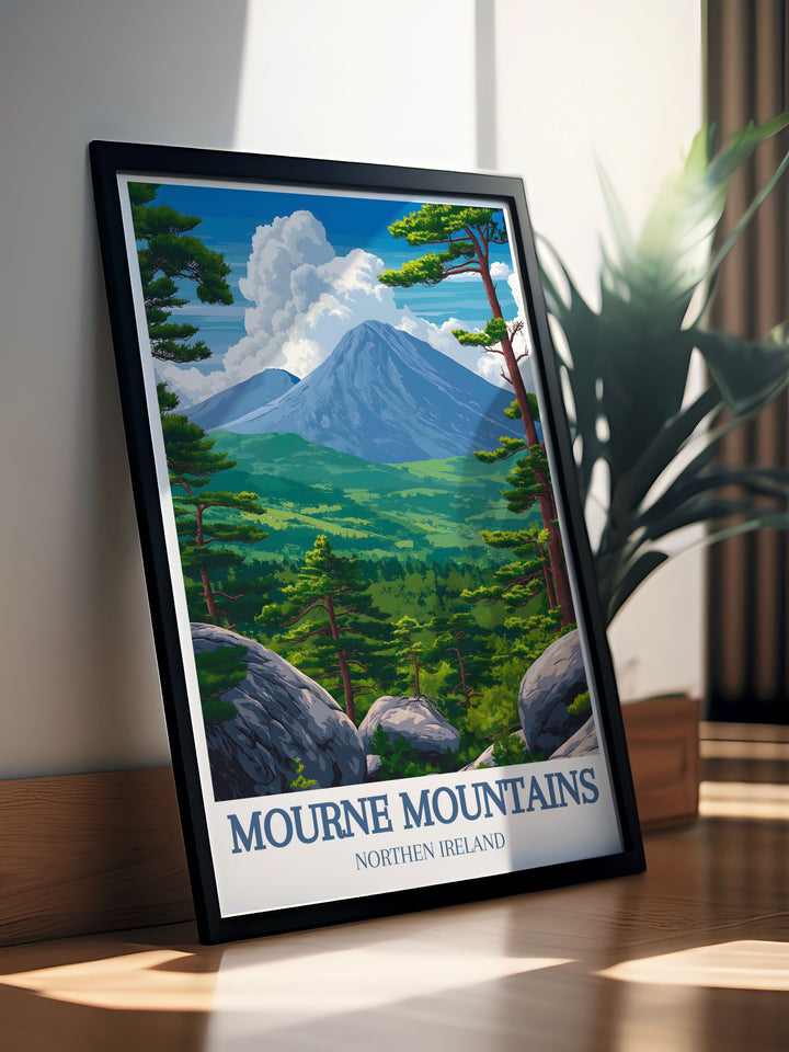 This vibrant art print of the Mourne Mountains highlights the regions diverse wildlife and tranquil environments, making it a standout piece for those who appreciate the natural world.