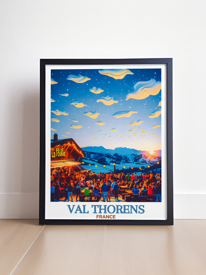 La Folie Douce stunning living room decor combined with a Val Thorens ski poster print the perfect addition to your home for those who love skiing vintage ski art and travel posters an ideal gift for ski enthusiasts or those who enjoy alpine landscapes.