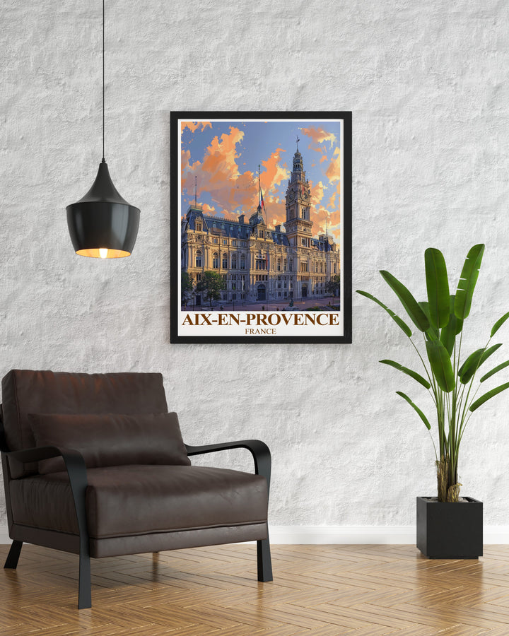 Celebrate the beauty of Provence with this stunning travel poster featuring the Hôtel de Ville in Aix en Provence. This artwork captures the essence of southern France, making it a perfect addition to any home decor or a thoughtful gift for lovers of French culture.