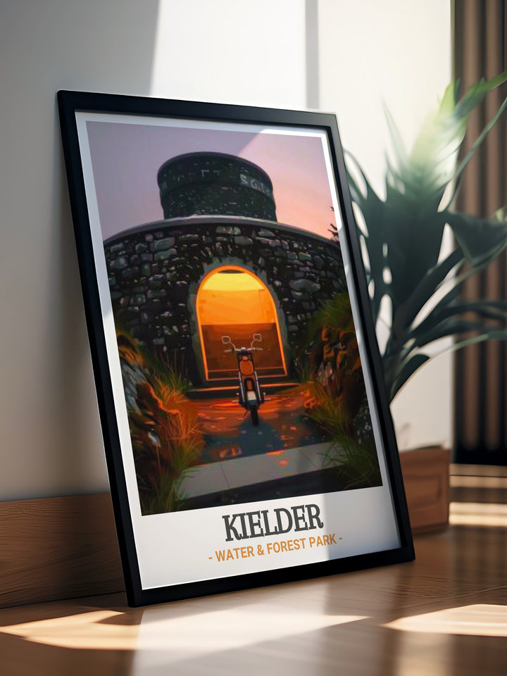 Kielder Skyspace art print showcasing the stunning architectural brilliance of James Turrells installation at Kielder Water & Forest Park. This vibrant illustration captures the essence of Kielder Skyspace, perfect for adding a touch of artistic elegance to your home decor.