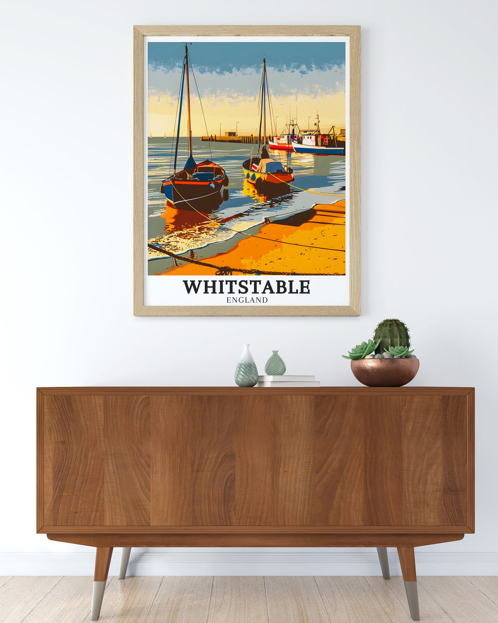 Whitstable Harbour wall decor featuring a vibrant illustration of the harbour and its surroundings. This print captures the essence of a day at Whitstable Harbour, making it a perfect gift for anyone who loves the seaside.