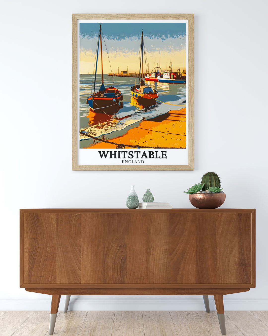 Whitstable Harbour wall decor featuring a vibrant illustration of the harbour and its surroundings. This print captures the essence of a day at Whitstable Harbour, making it a perfect gift for anyone who loves the seaside.