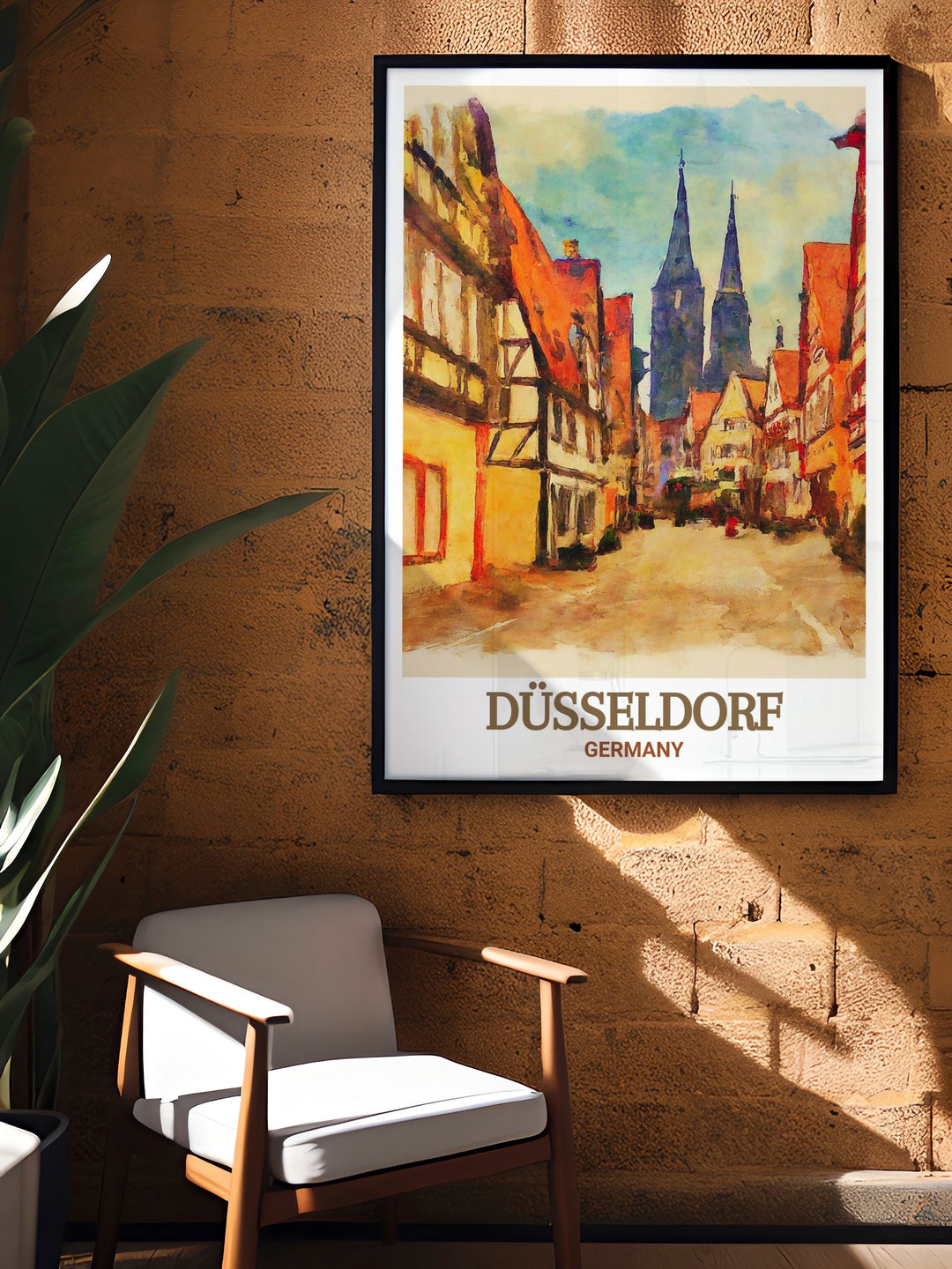 A striking portrayal of Düsseldorfs cityscape, featuring Altstadt and the modern skyline, this travel print adds European elegance to any room.