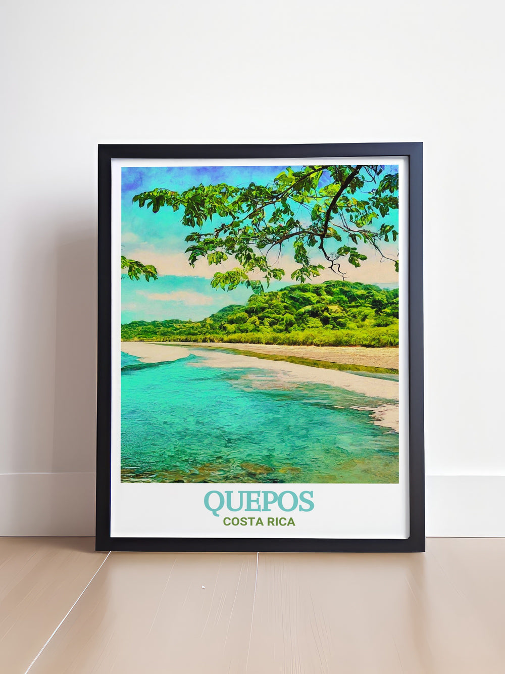 The picturesque Playa Espadilla in Quepos, Costa Rica, is depicted in this vibrant print. The artwork highlights the beachs soft sands, lush surroundings, and stunning ocean views, making it a perfect piece for nature inspired decor. Bring the beauty of Costa Rica into your home with this stunning print.