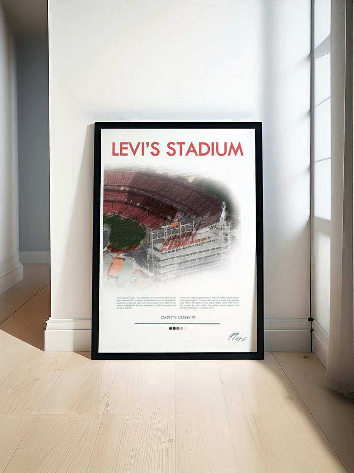 Exciting Travel Poster featuring Deebo Samuel Nick Bosa and George Kittle with Levis Stadium a dynamic 49ers Print perfect for adding a bold statement to any San Francisco 49ers fans collection and celebrating the energy of the game