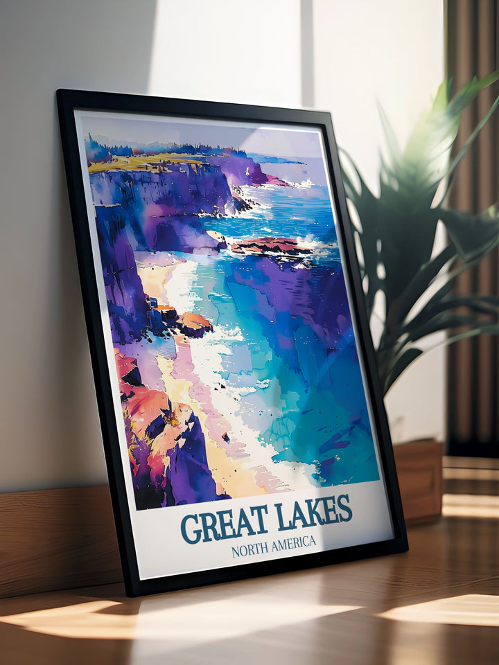 Highlighting the diverse beauty of the Great Lakes region, this poster showcases the vast expanse of Lake Erie and its vibrant communities, adding a scenic touch to any space.