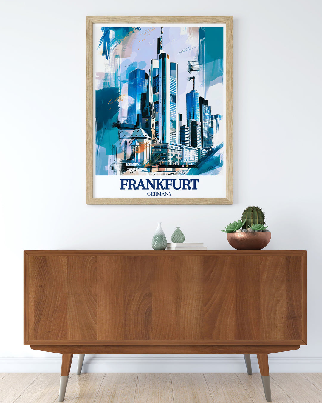 A stunning Germany travel poster featuring Frankfurt am Main, with a focus on the citys diverse architecture. This wall art highlights the contrast between Frankfurts historic buildings and modern skyscrapers, making it an engaging piece for any decor. The detailed design and vibrant colors bring the city to life, offering a unique glimpse into one of Germanys most dynamic urban centers. Ideal for decorating homes or offices, this print is a beautiful addition to any collection.