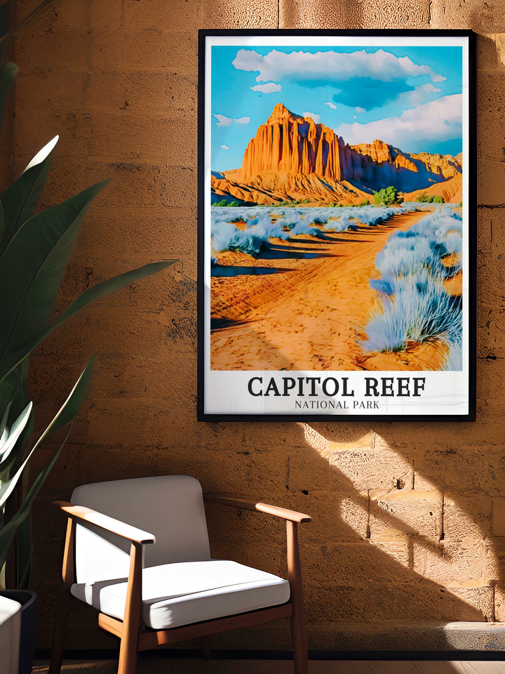 Capitol Reef Travel Poster celebrates the natural beauty of Utahs iconic park, featuring the majestic cliffs of Navajo sandstone and the stunning formations of Cathedral Valley. Ideal for adventurers and those inspired by the Southwest.