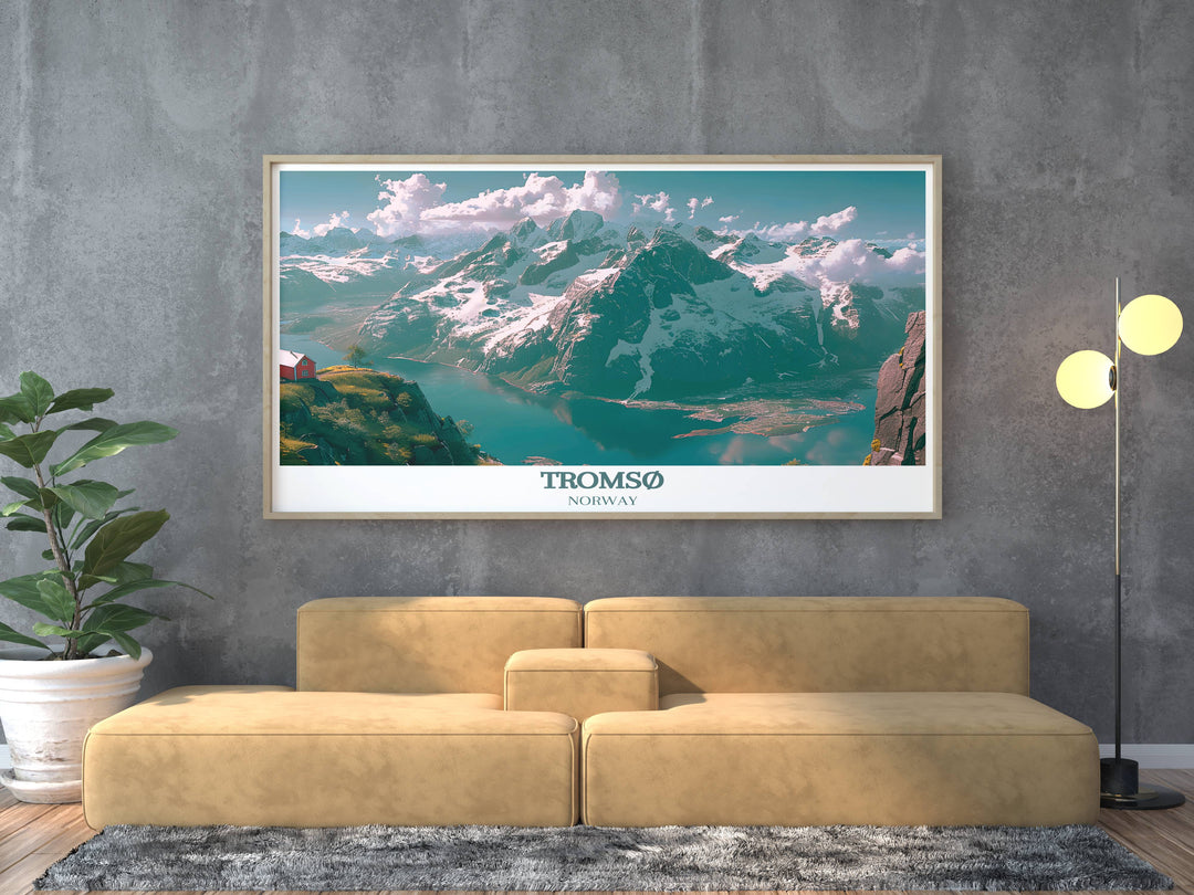 Lyngstuva scenic print featuring the dramatic coastline and Arctic waters. This artwork captures the serene and unspoiled beauty of Norways northernmost tip.