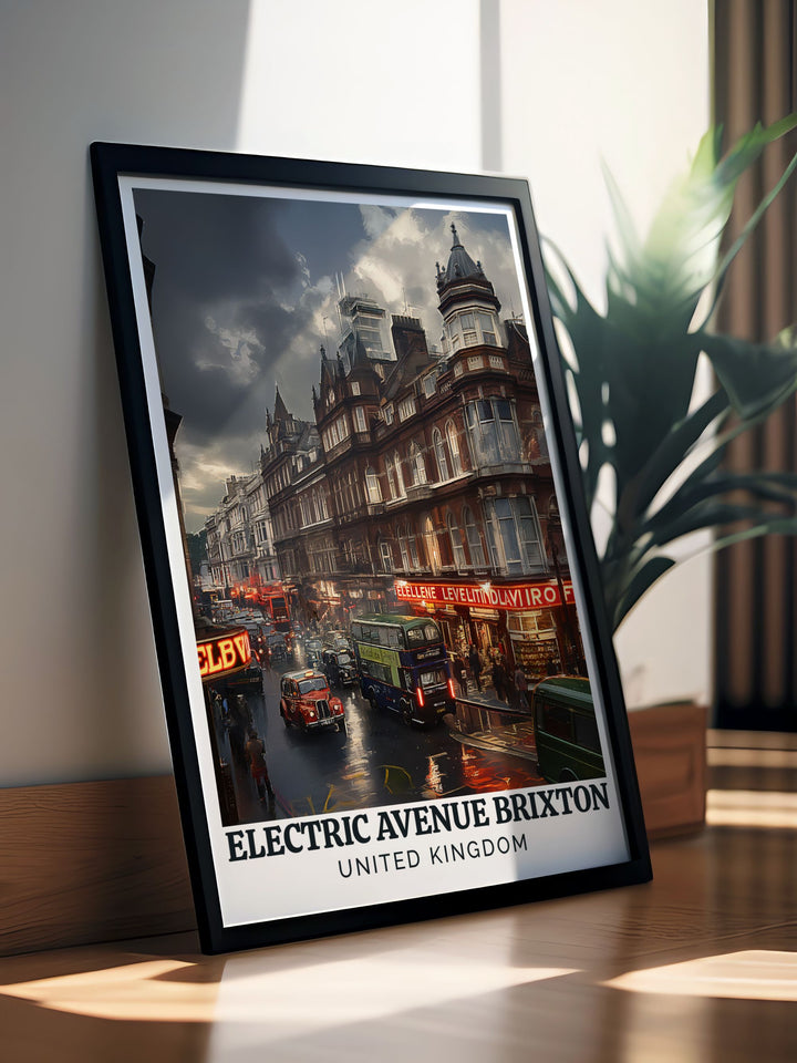 The lively atmosphere of Electric Avenue and its bustling market are beautifully illustrated in this travel poster, capturing the essence of a vibrant London neighborhood.